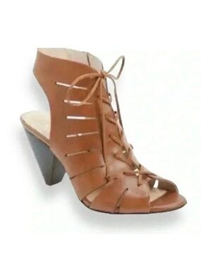 Vince Camuto Estie Leather Ankle Booties Peep Toe Heeled Lace Up Tan Brown 10